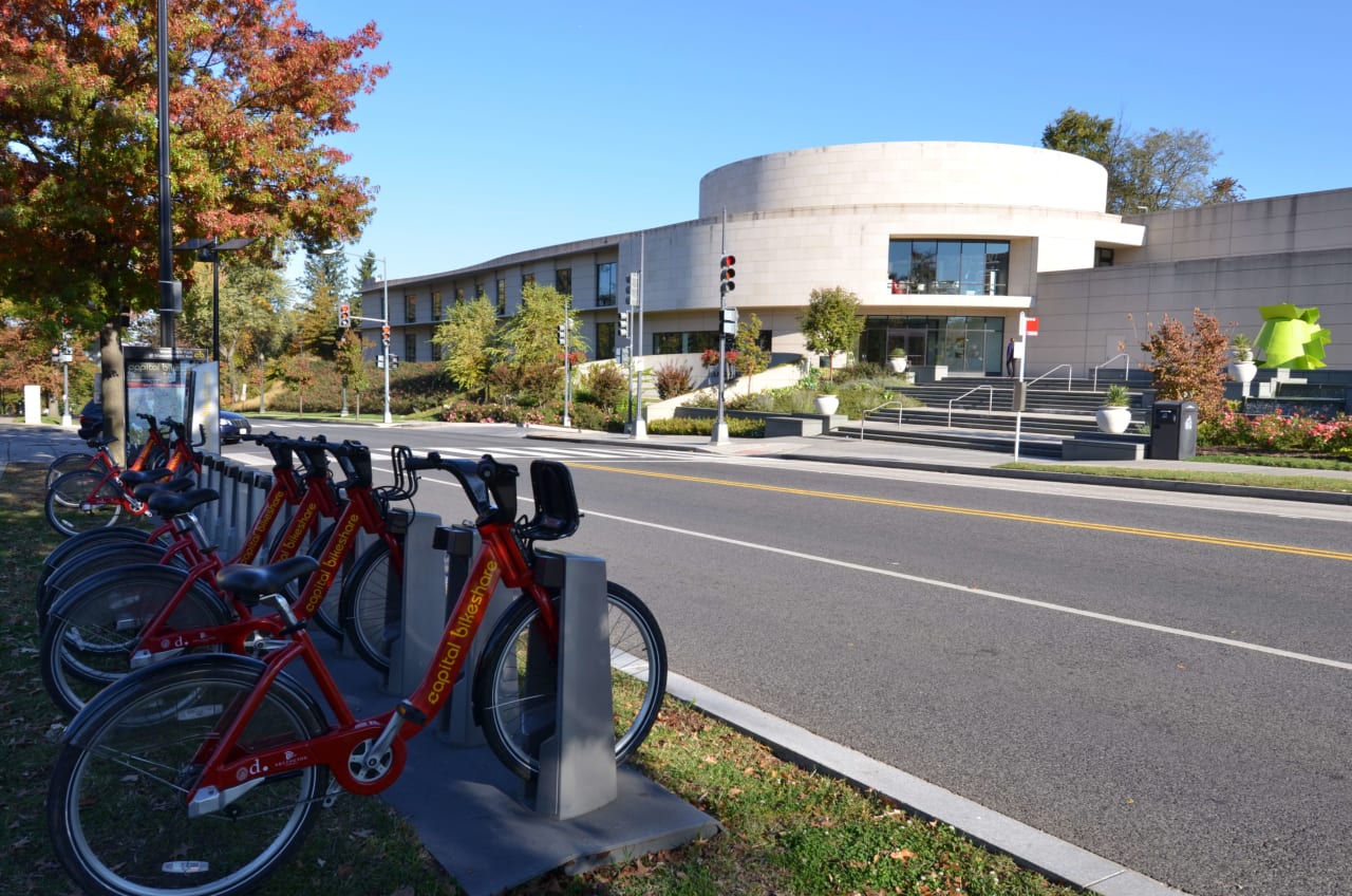 Capital Bikeshare stand in front of Katzen Arts Center in AU Park.