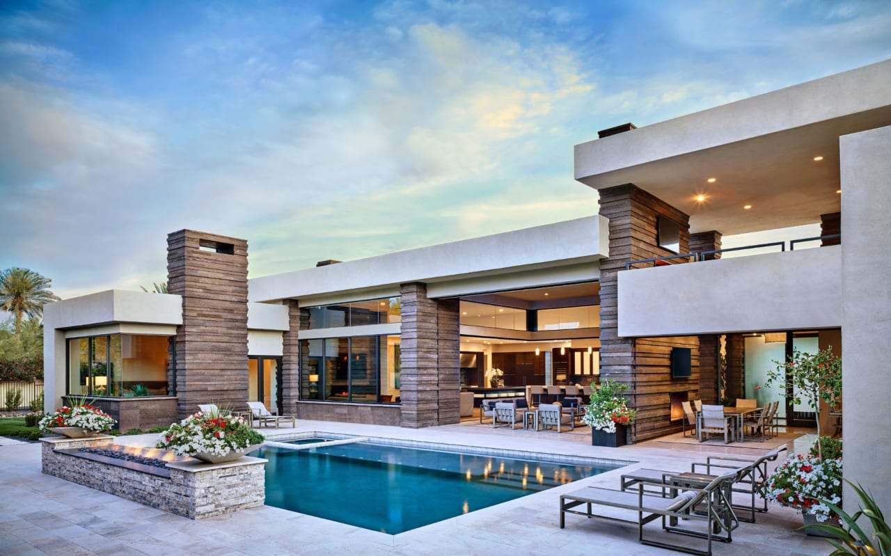 Modern luxury home floating pool and fire feature