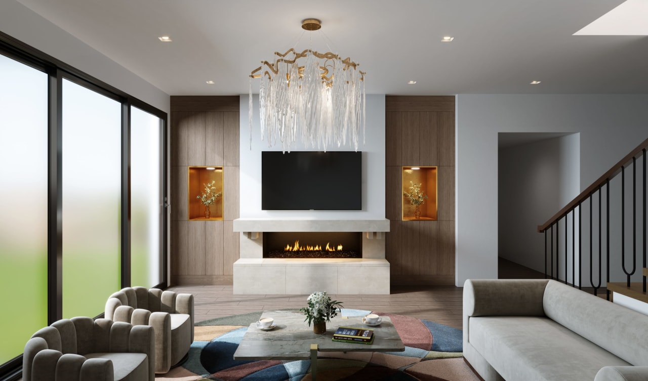 Spacious and inviting modern living room featuring a stylish fireplace, comfortable seating, and natural light.