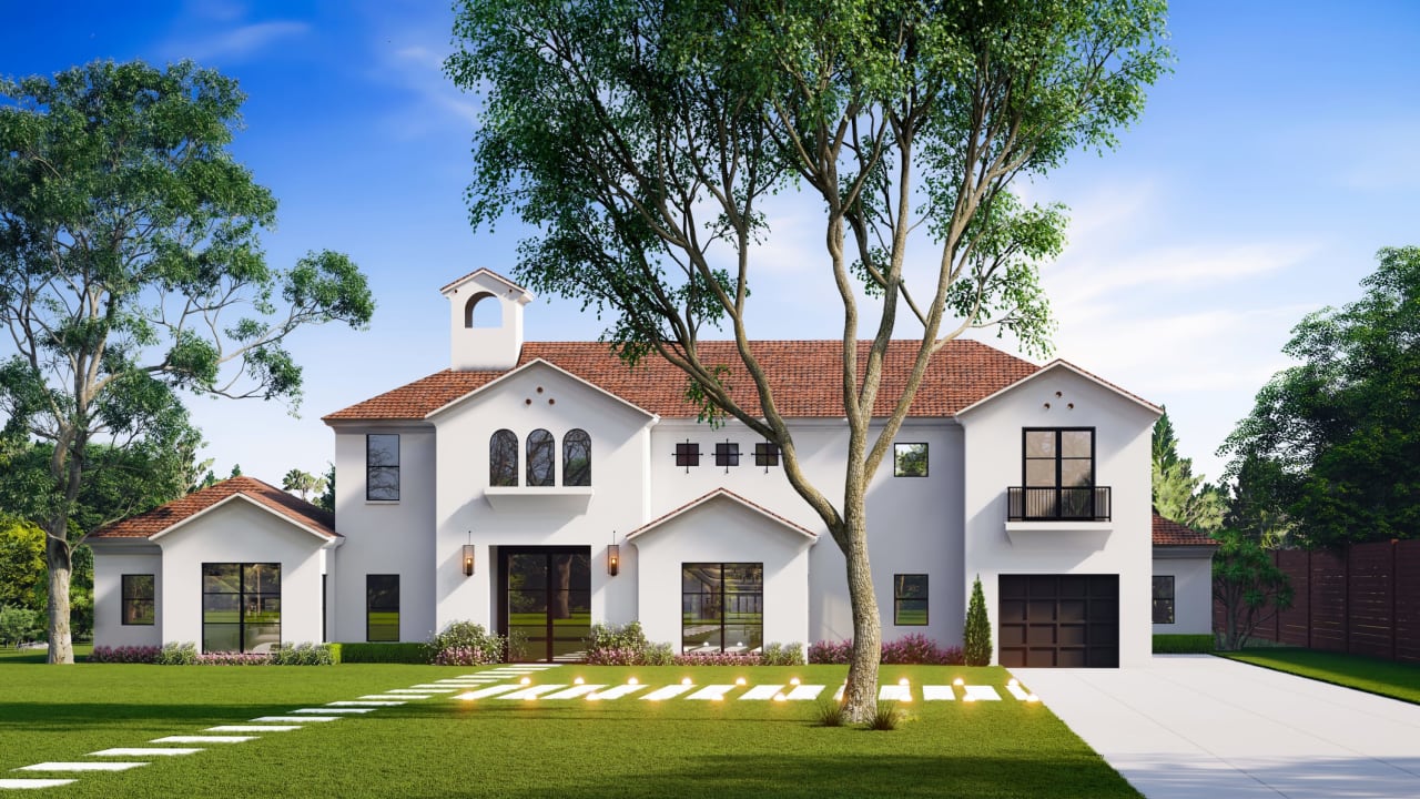 Magnificent white stucco Modern Mediterranean estate with red clay barrel roof on Deloache Avenue in the heart of Preston Hollow.