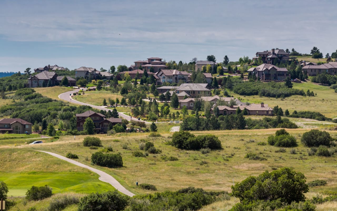 Residential area on a hill, with houses and lush trees