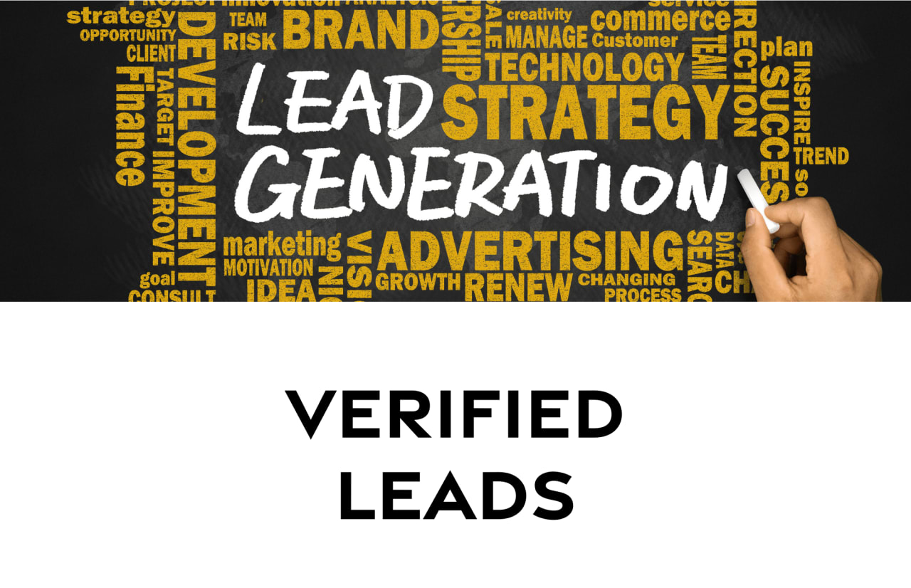 Various words related to marketing and lead generation, indicating a service for obtaining and verifying sales leads.