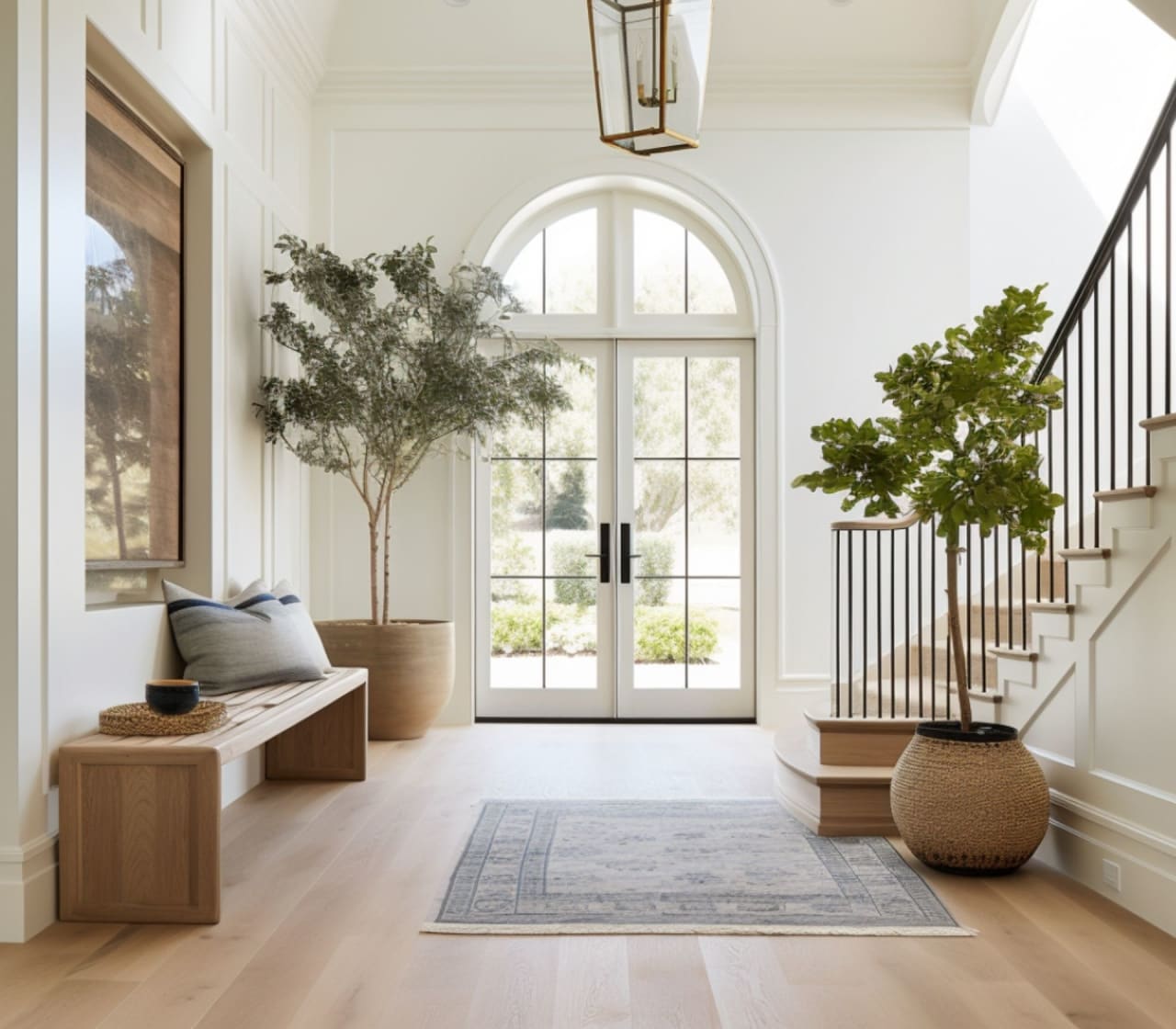 A bright, airy hallway featuring white painted wainscoting, a long wooden bench, a trio of potted plants, and a staircase.