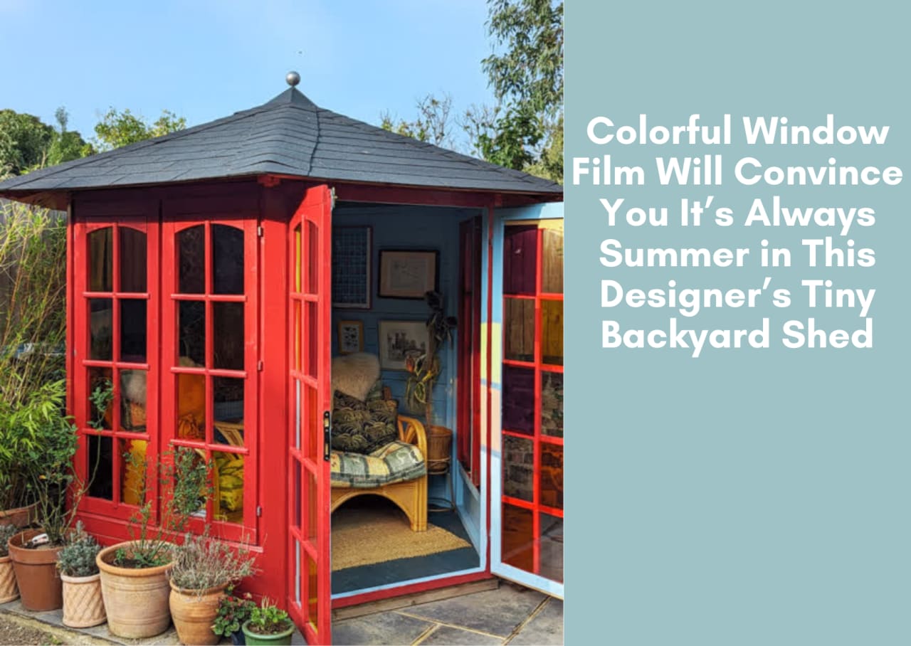 Colorful Window Film Will Convince You It’s Always Summer in This Designer’s Tiny Backyard Shed