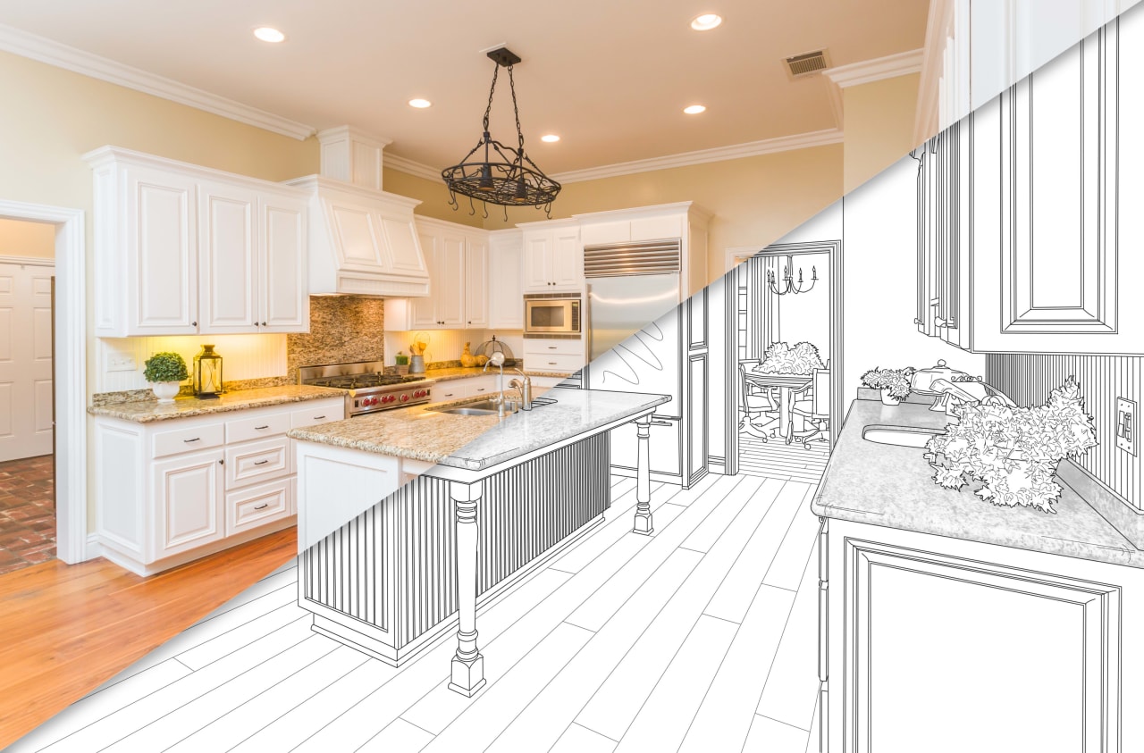 A technical drawing of a kitchen that shows the arrangement of the appliances and cabinets.