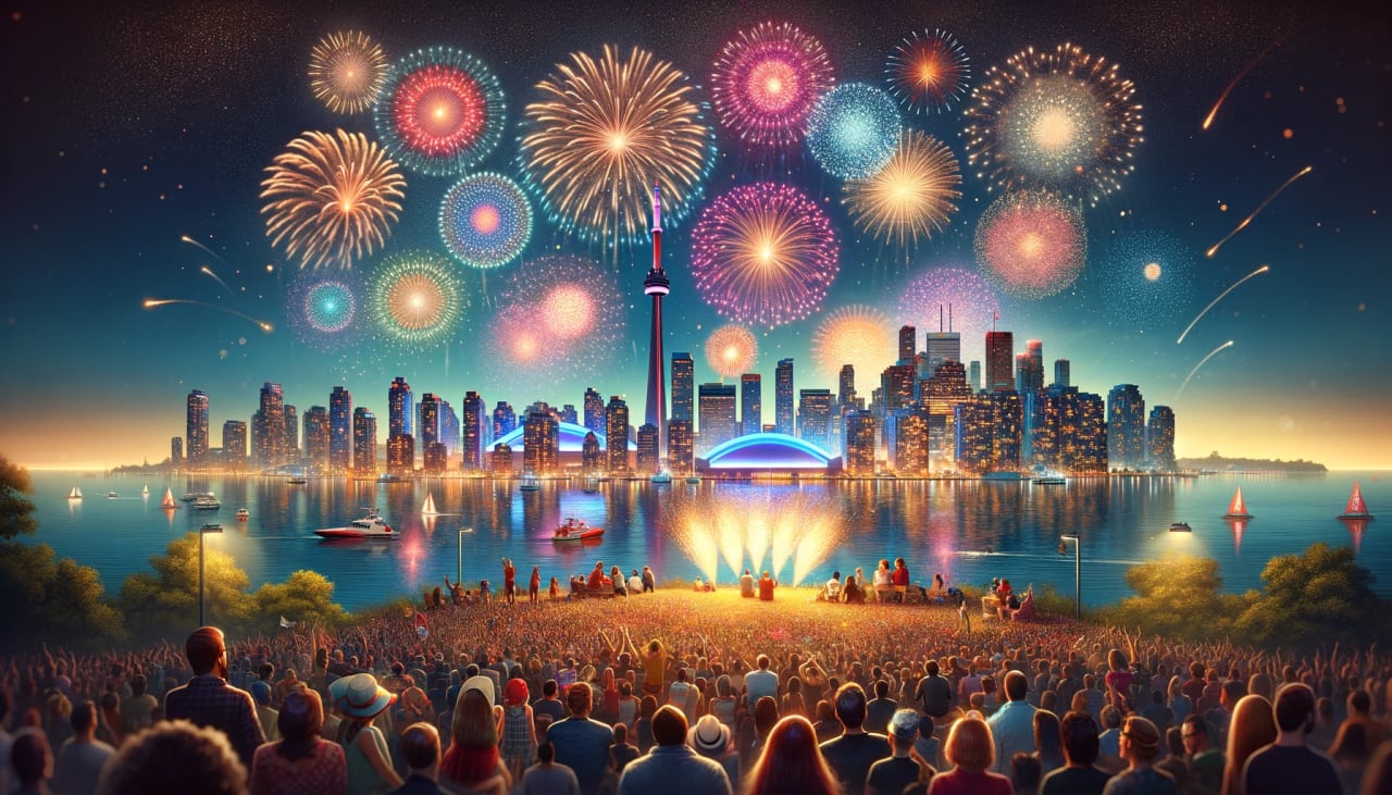 Dalle 2023 12 29 123837 A Visually Stunning Illustration For An Article About Torontos New Years Eve Fireworks Display At The Harbourfront In 2024 With An Enhanced Bokeh E