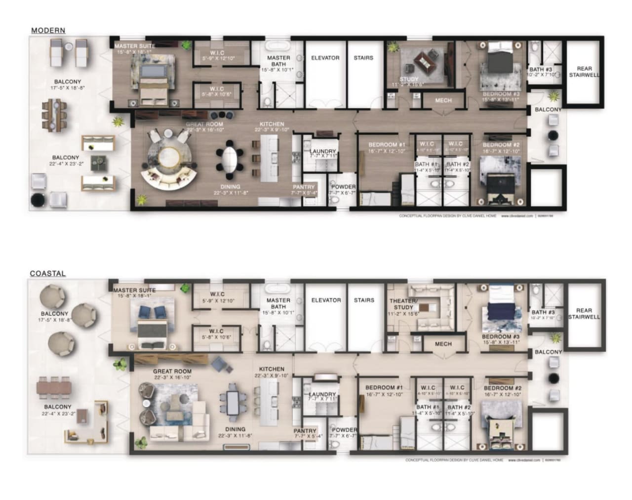 Two types of floor plans of a modern or coastal house.