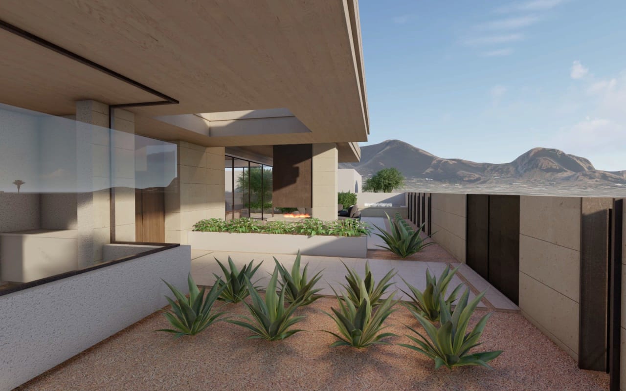 Rendering of modern courtyard in new home