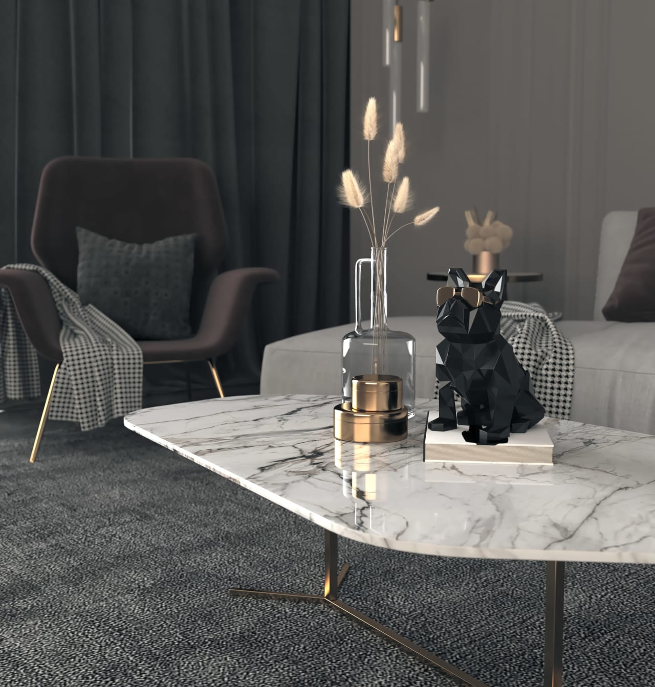 a modern living room with a sleek marble coffee table
