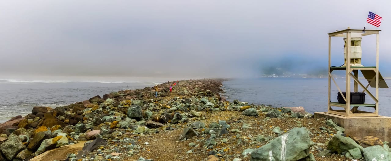 A view from the jetty looking back at the Neighborhood of Barview Oregon through the fog