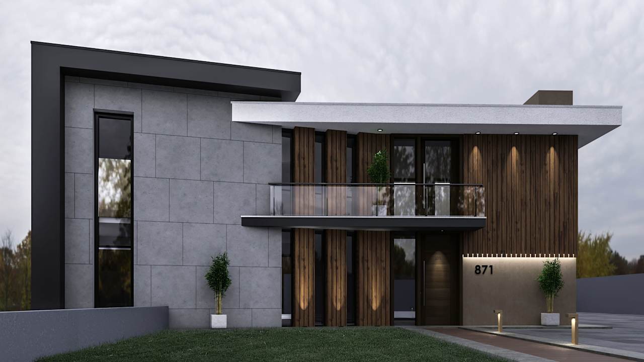 a modern house with a balcony and a driveway