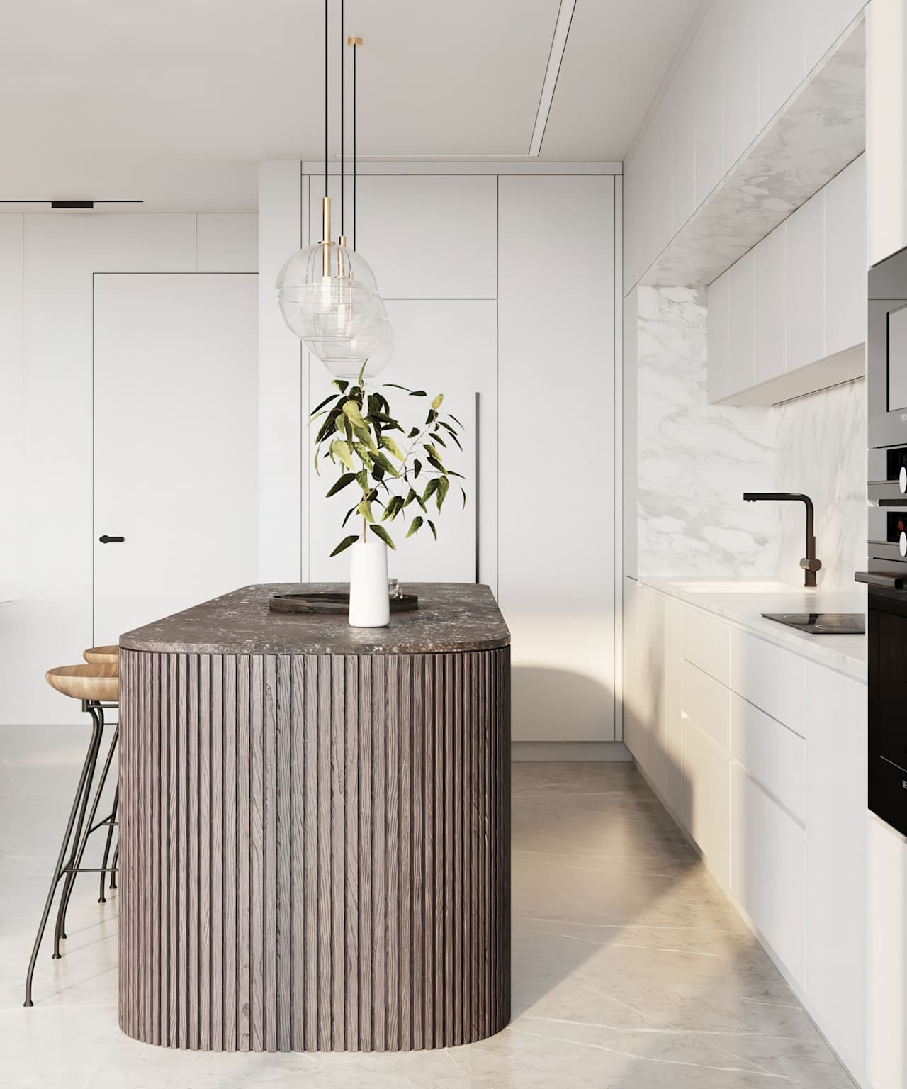 A modern kitchen with sleek white cabinets