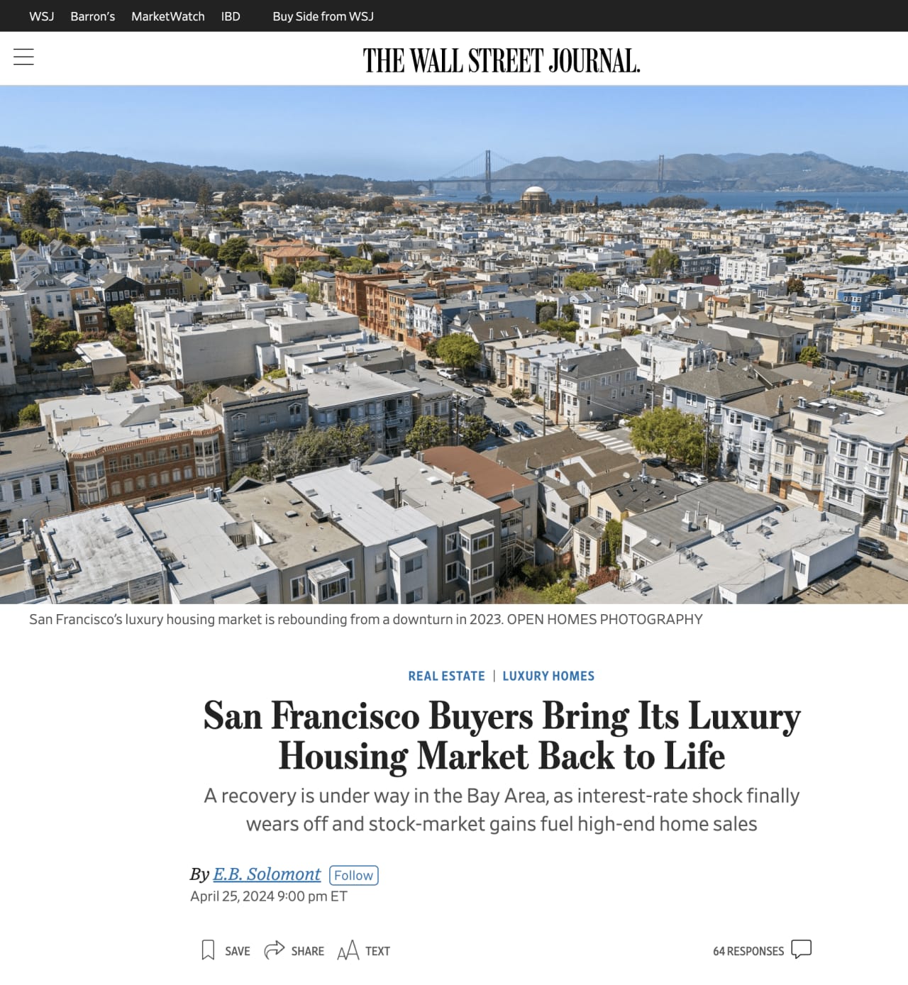 Latest WSJ Real Estate Article on SF Housing Market