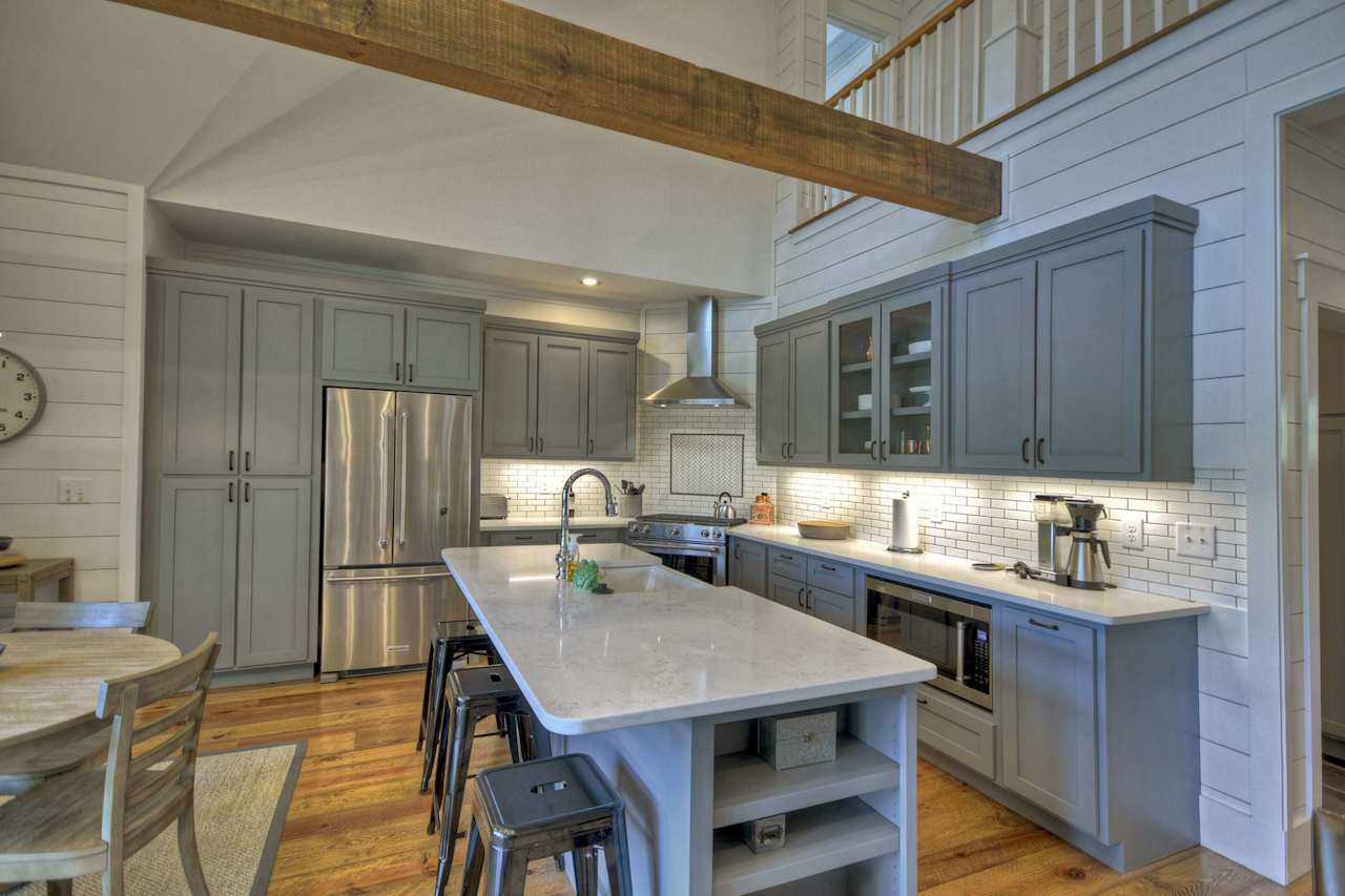 A modern kitchen with a large center island.