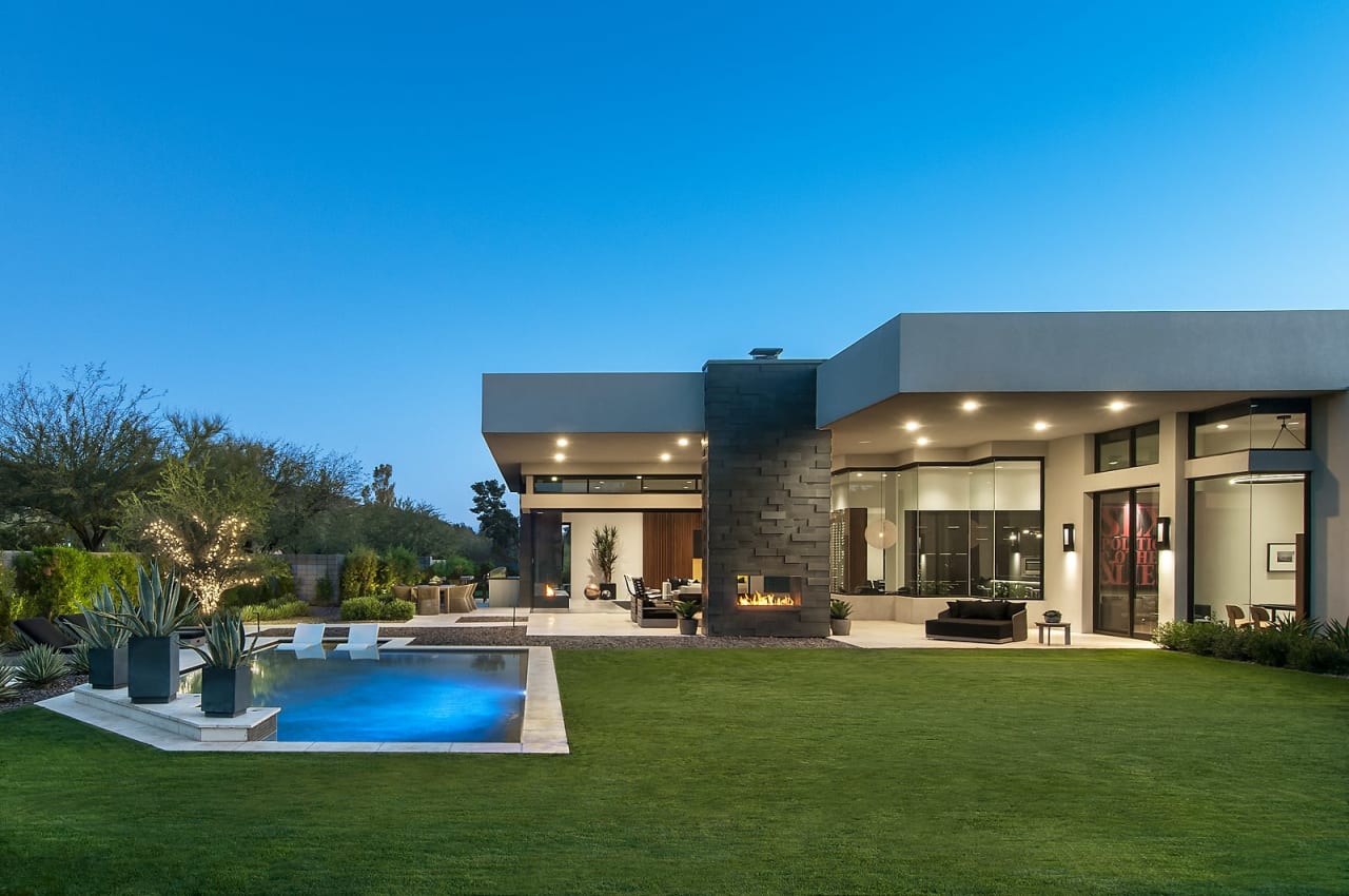 Simple modern backyard with pool and mountain views