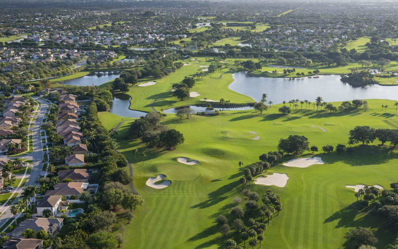 A close-up aerial view of a golf course