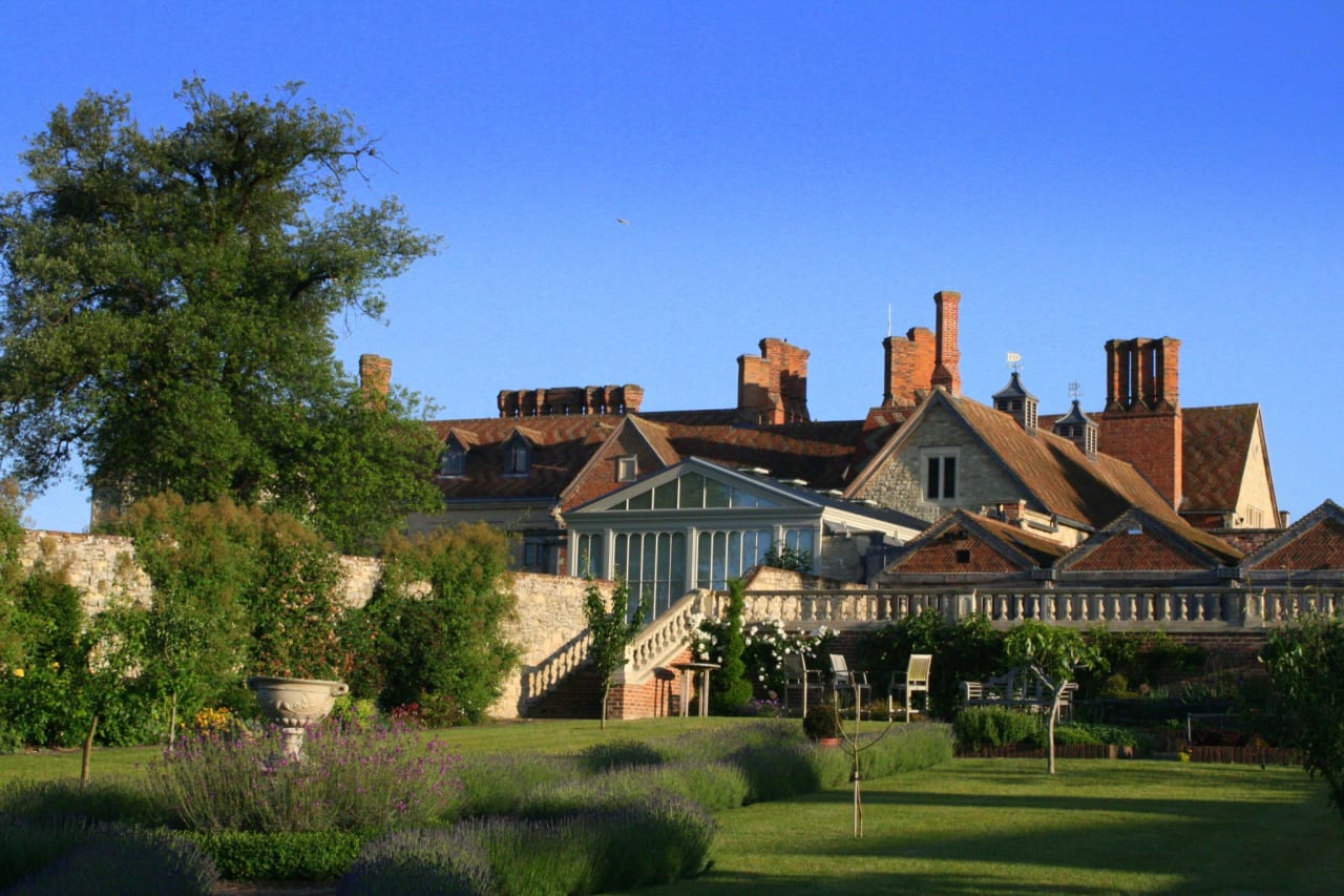 English garden with fig, pear, and apple trees