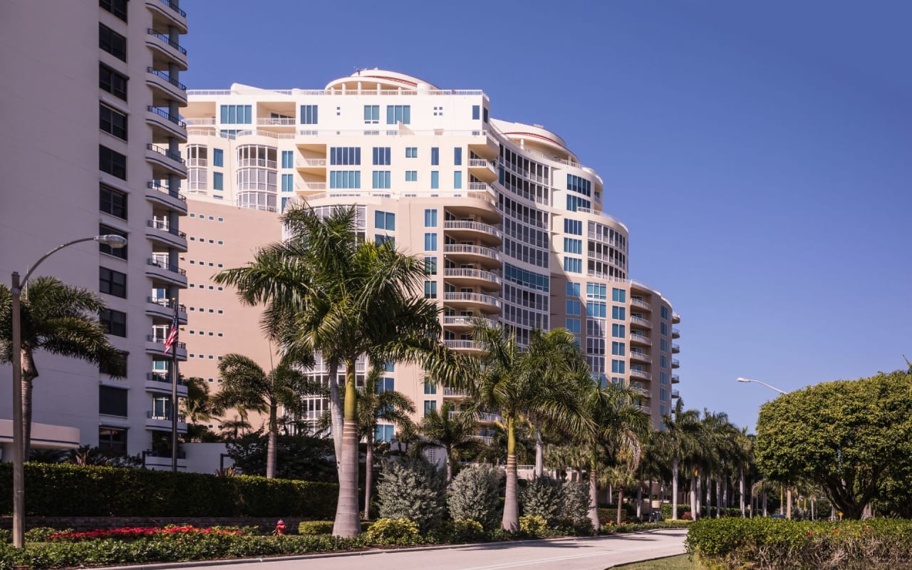 A row of palm trees line a sidewalk in front of a sleek, glass-and-steel skyscraper