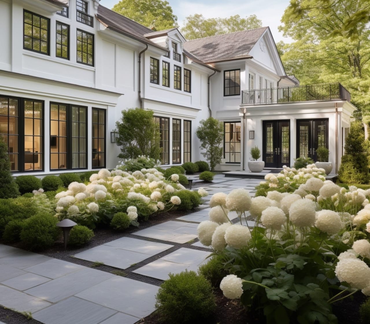 A large white house a black slate roof, large windows, a center-hall floor plan, trees, and white flowers around the house.