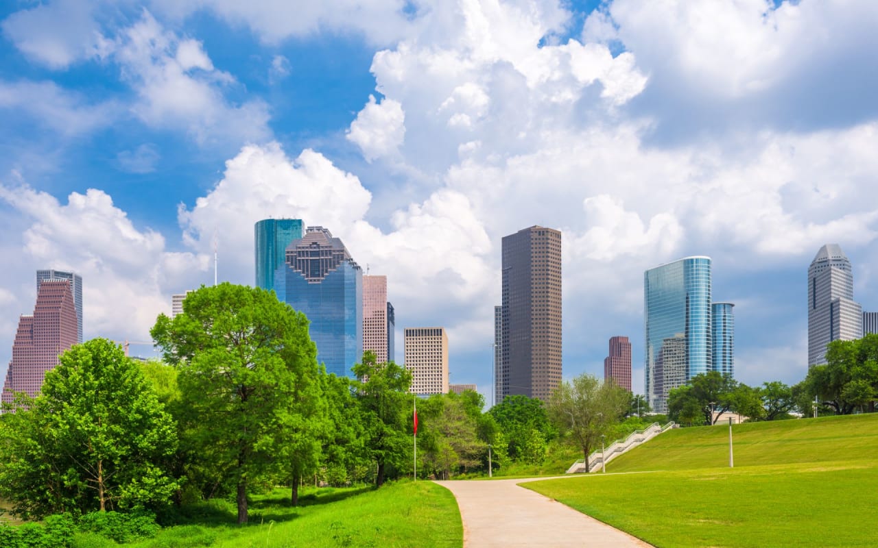 a photo of a lush green park in Eado Houston with cityscape in the background