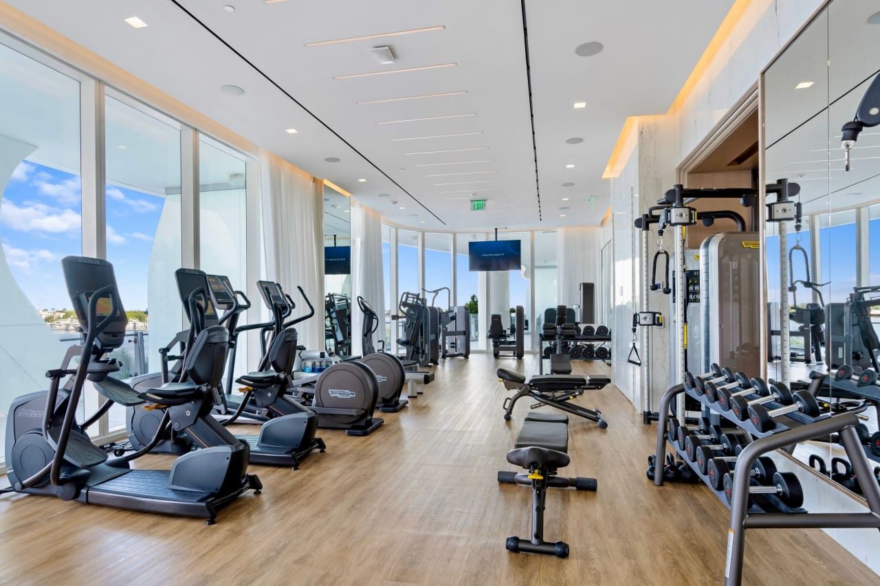 The Bristol gym features state of the art equipment with expansive water views