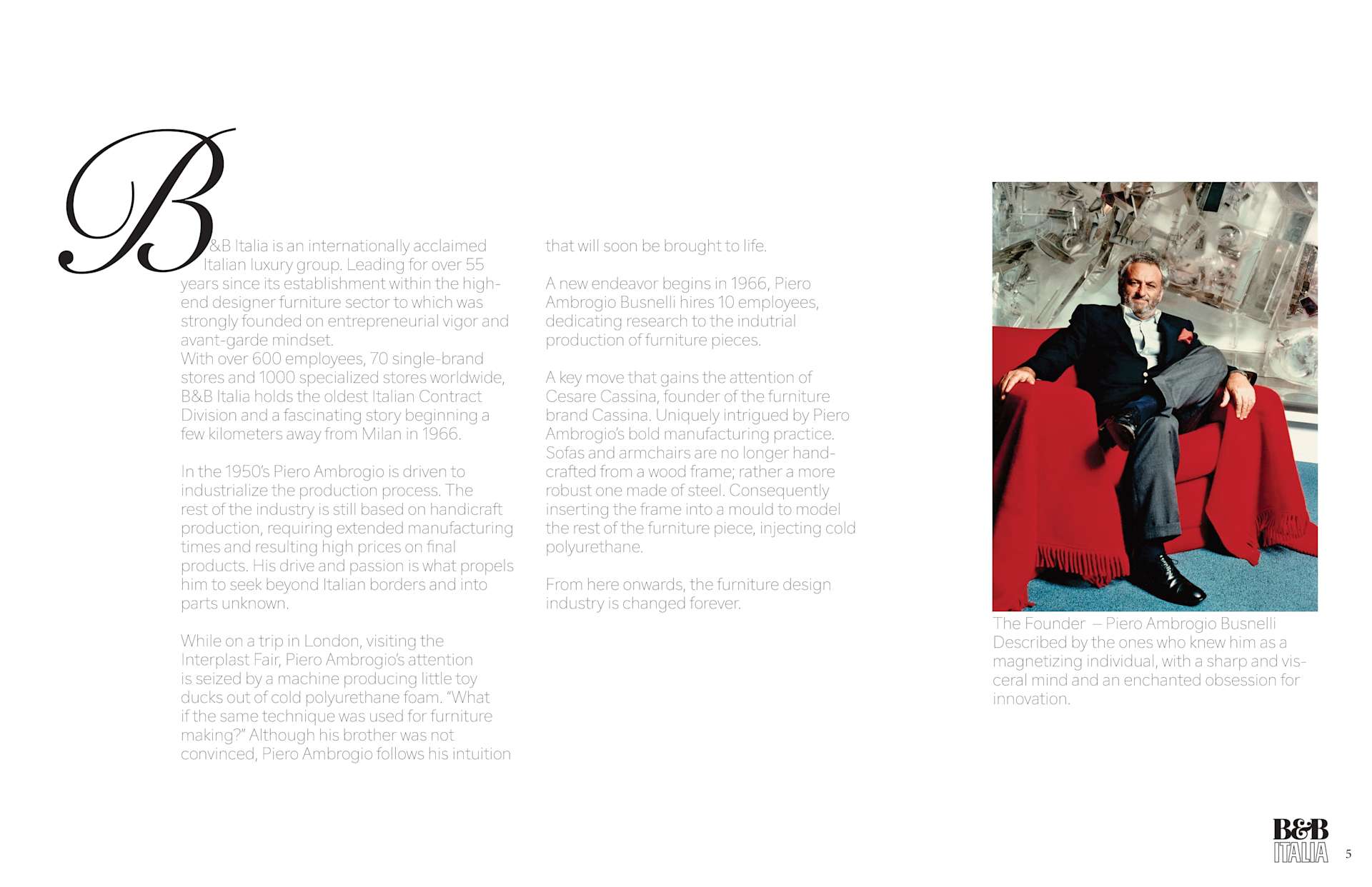 B&B Italia brochure page about its founder, Piero Ambrogio Busnelli, pictured seated in a red armchair.