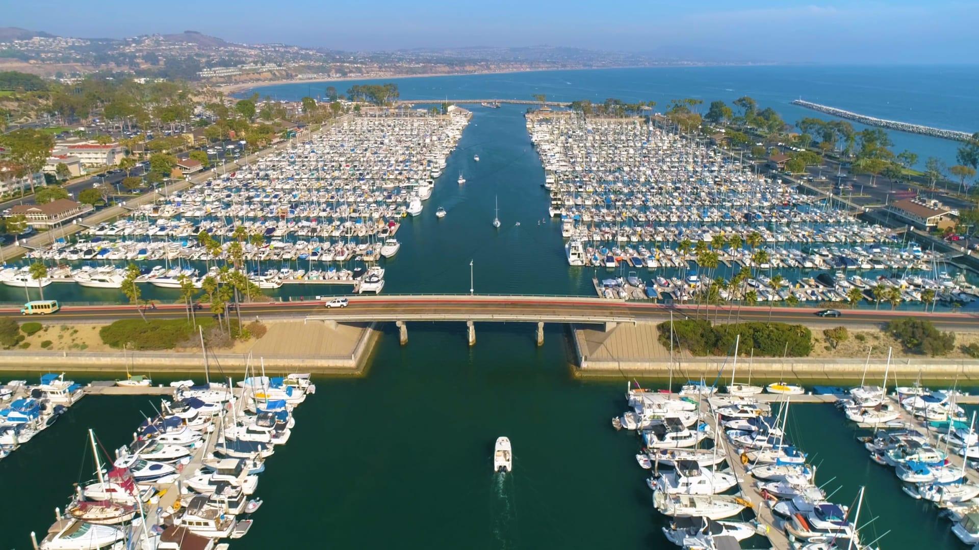 Aerial view of Dana Point Harbor full of boats