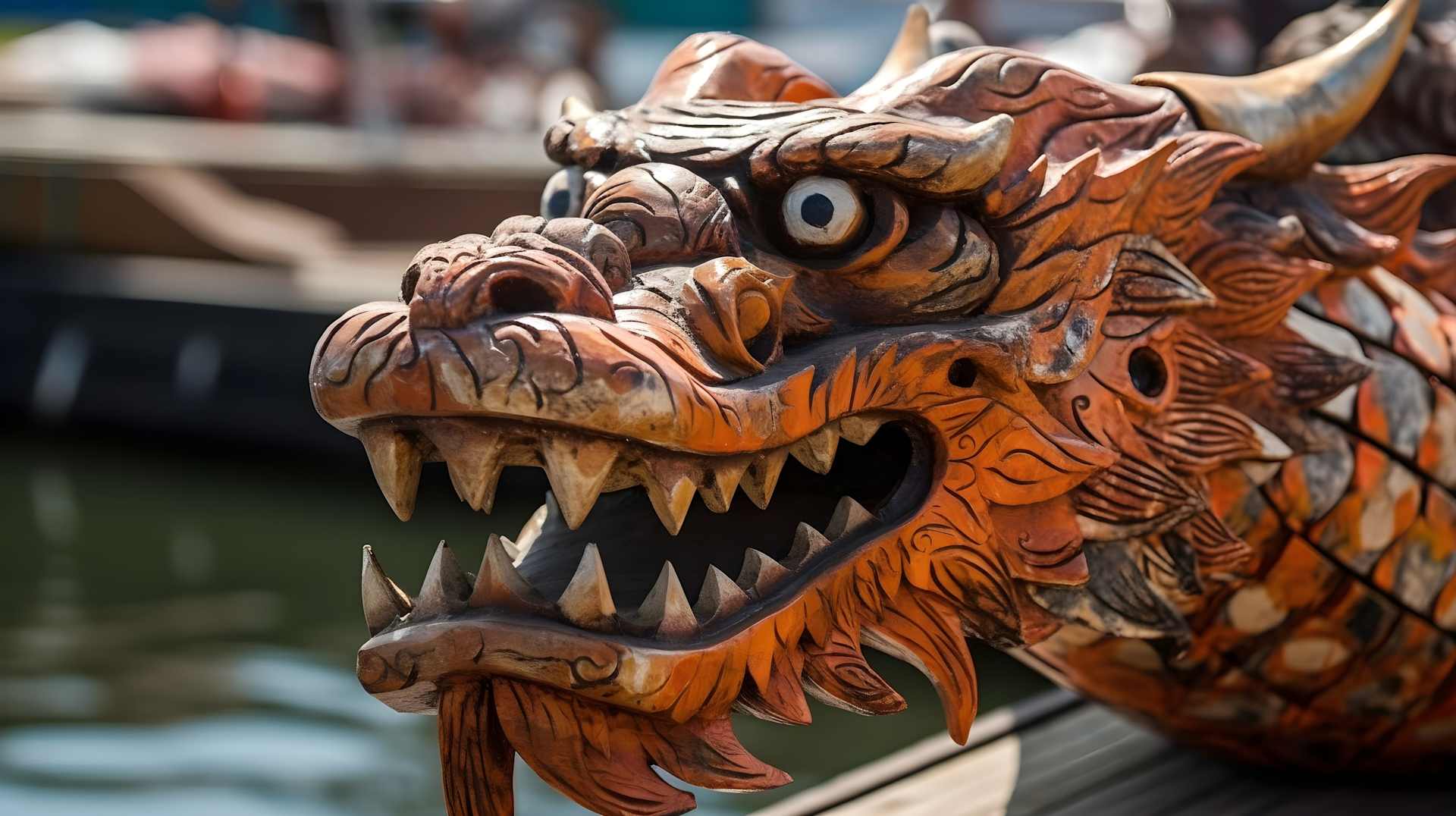 Ornate reddish-brown wooden dragon sculpture with bulging eyes and sharp teeth