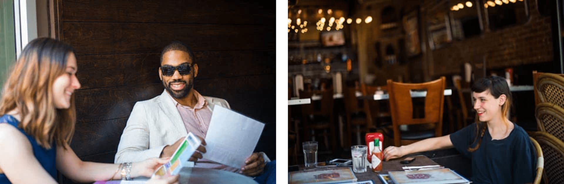 People at neighborhood restaurants, including two reviewing papers and a woman seated alone at a table.