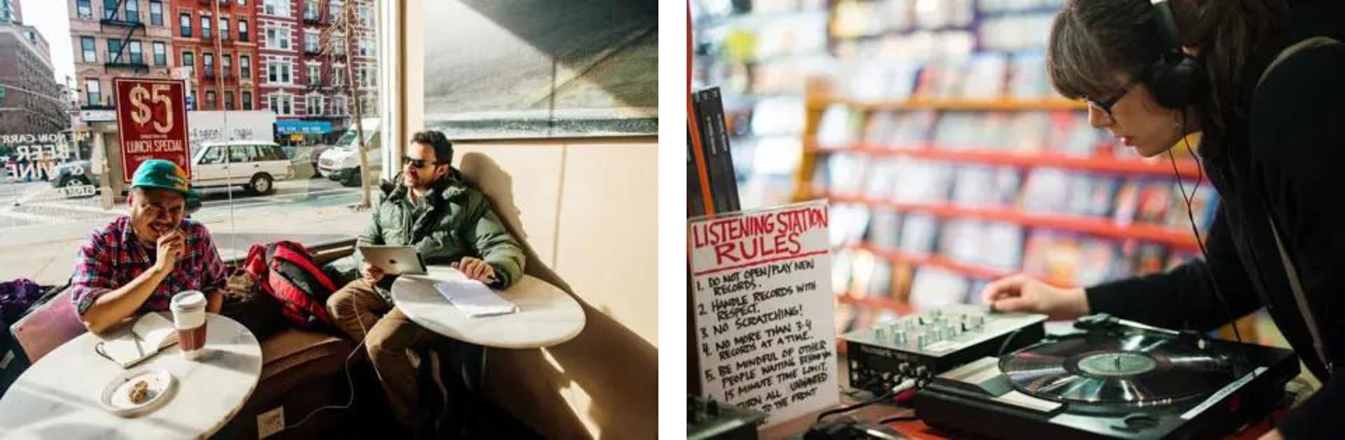 Cafe patrons by a window and a customer browsing records at a listening station.