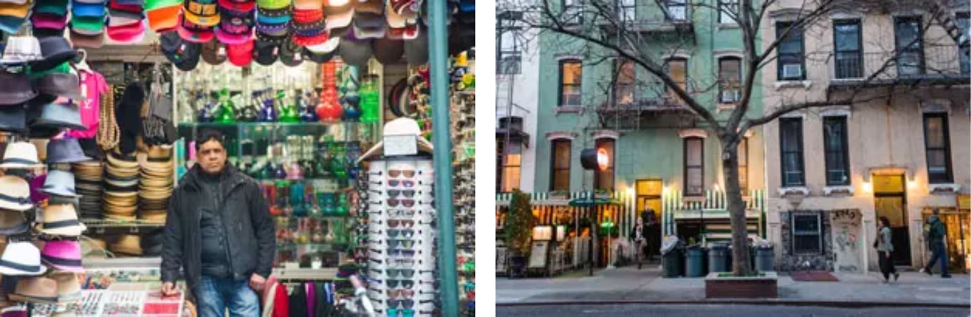 East Village street with a colorful hat shop beside older apartment buildings and storefronts.