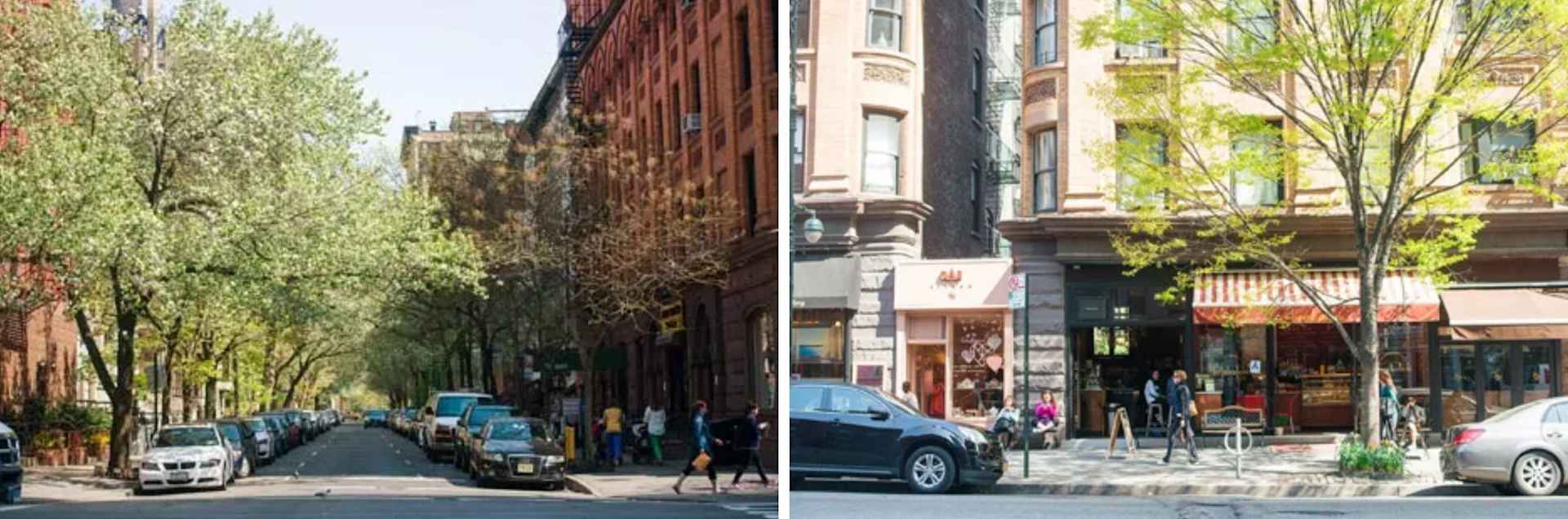 Upper West Side streets lined with leafy trees, brick apartment buildings, and neighborhood storefronts.
