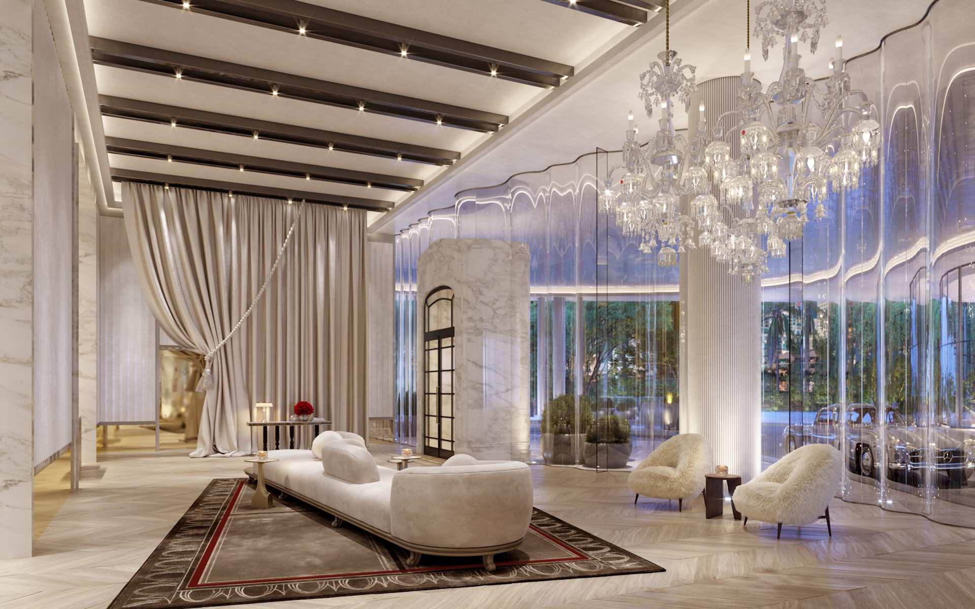 Baccarat lobby lounge with crystal chandeliers, marble columns, and cream seating beside glass walls.