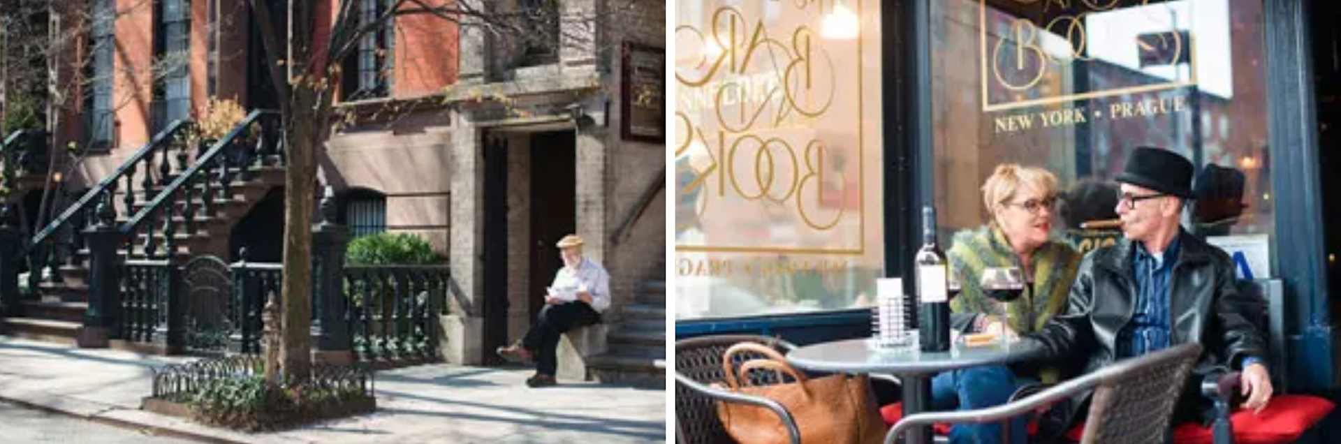 West Village brownstones and an older couple dining at an outdoor café.