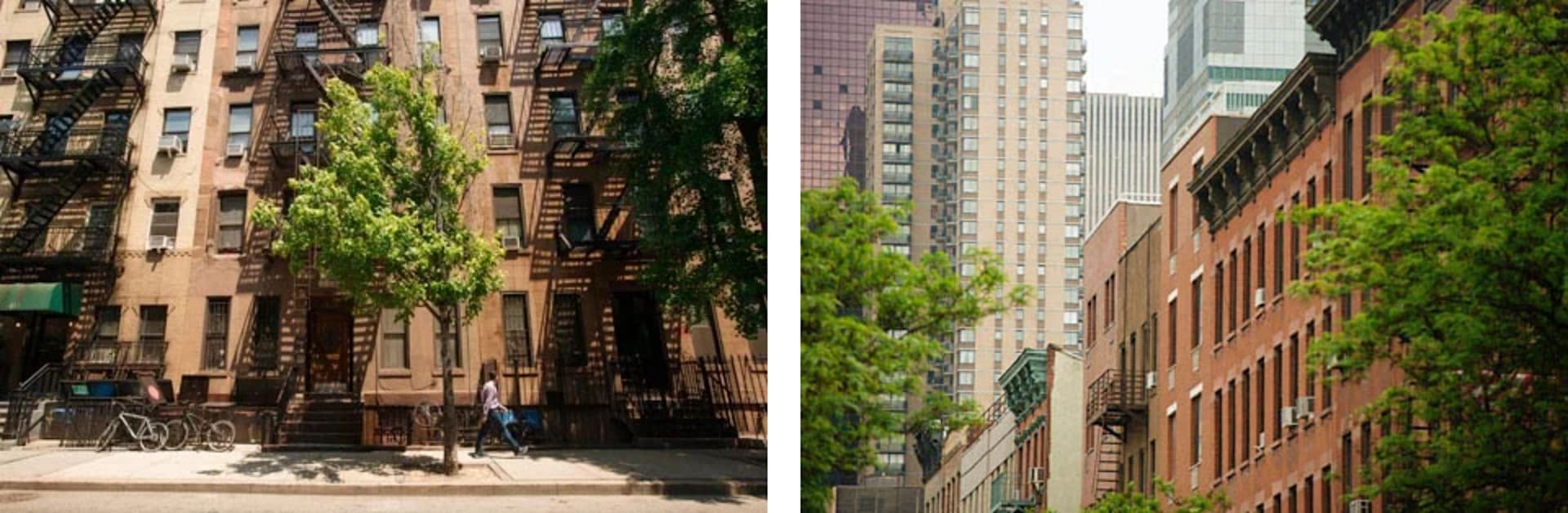 Hell’s Kitchen streets with brick apartments, fire escapes, leafy trees, and modern towers.