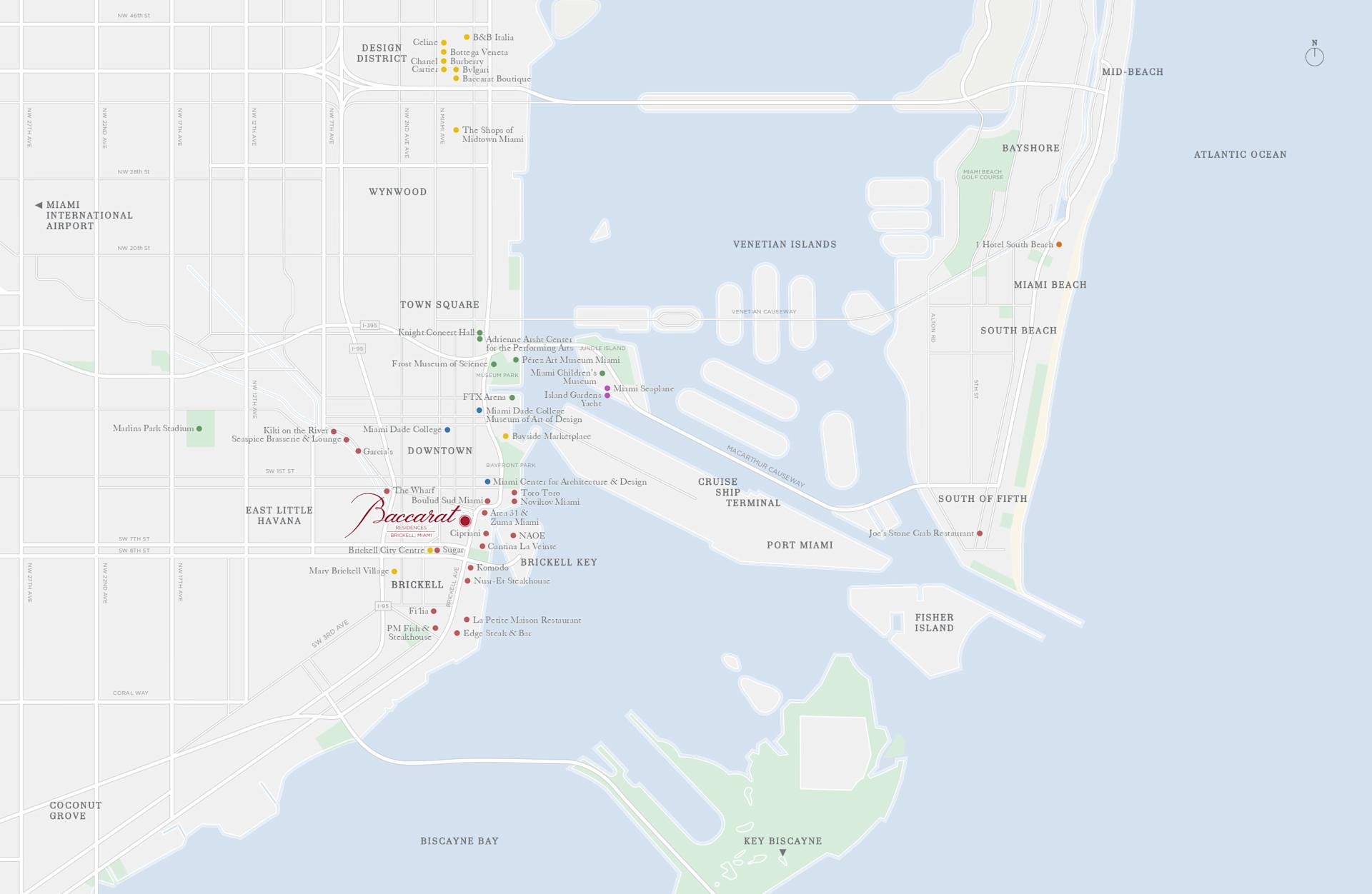 Map showing Baccarat Residences in Brickell and nearby Miami neighborhoods and landmarks.