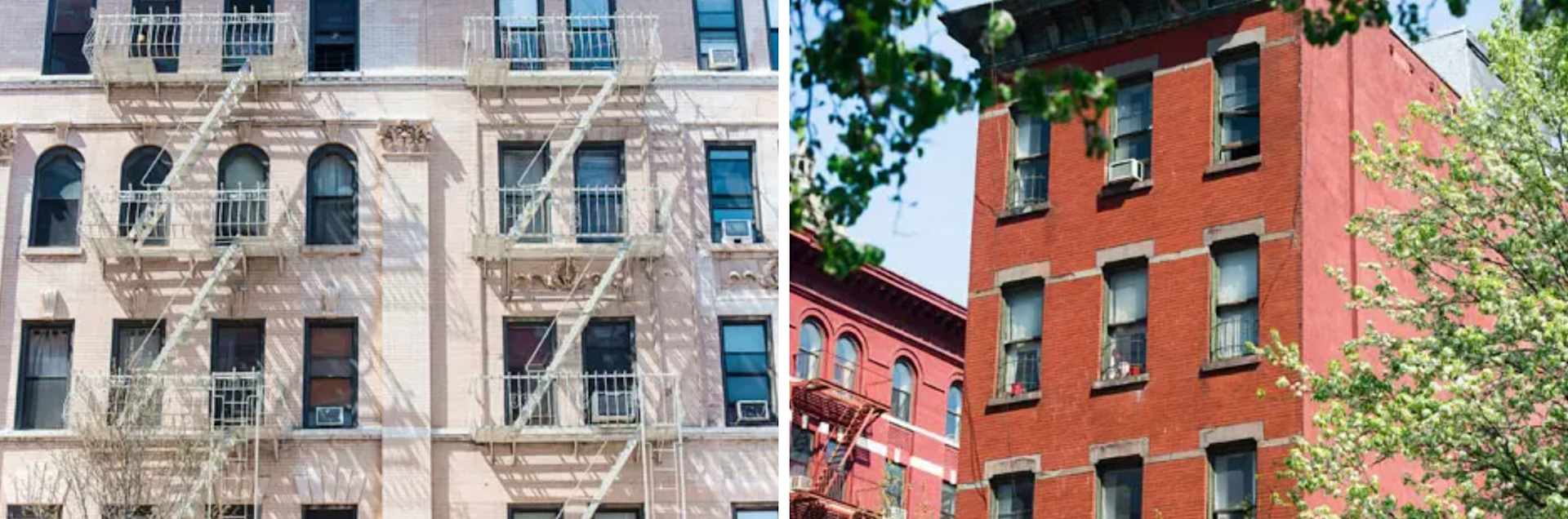 Two apartment building facades, one pale stone with fire escapes and one red brick behind trees.