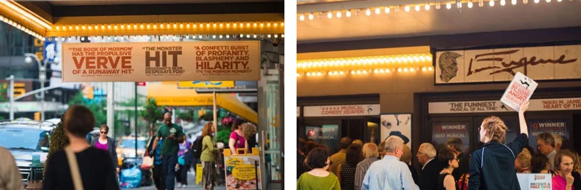 Crowds outside Broadway theaters beneath illuminated marquees in Hell’s Kitchen.