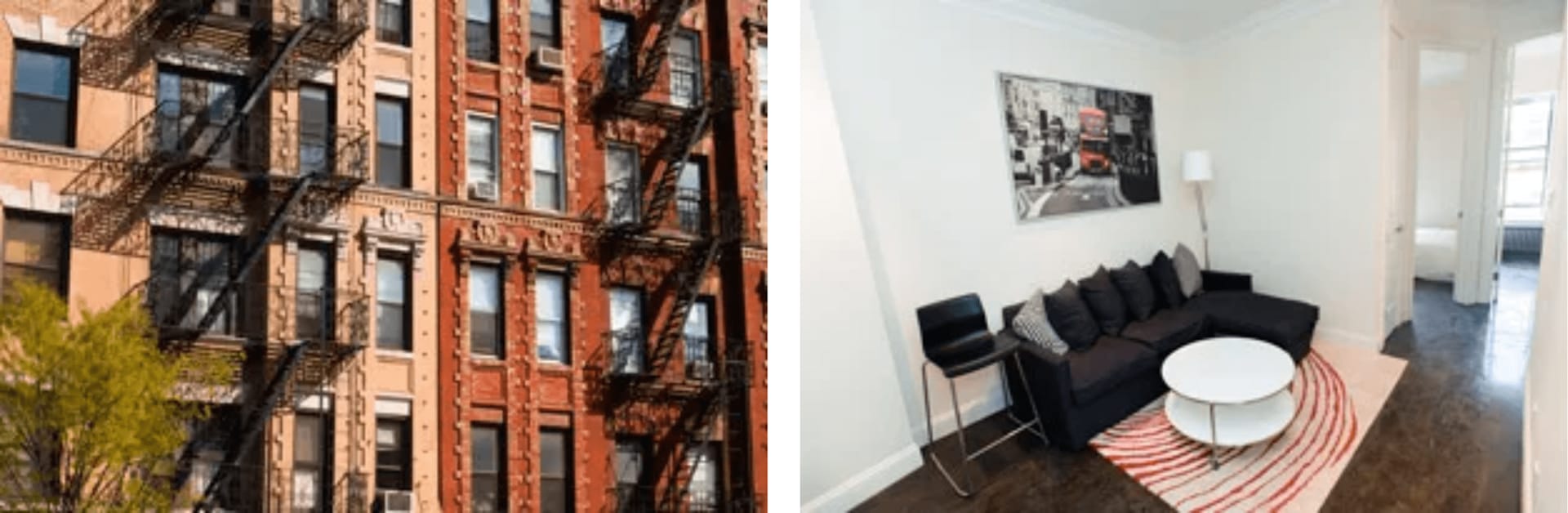 Brick apartment buildings with fire escapes beside a furnished living room with a dark sectional and striped rug.