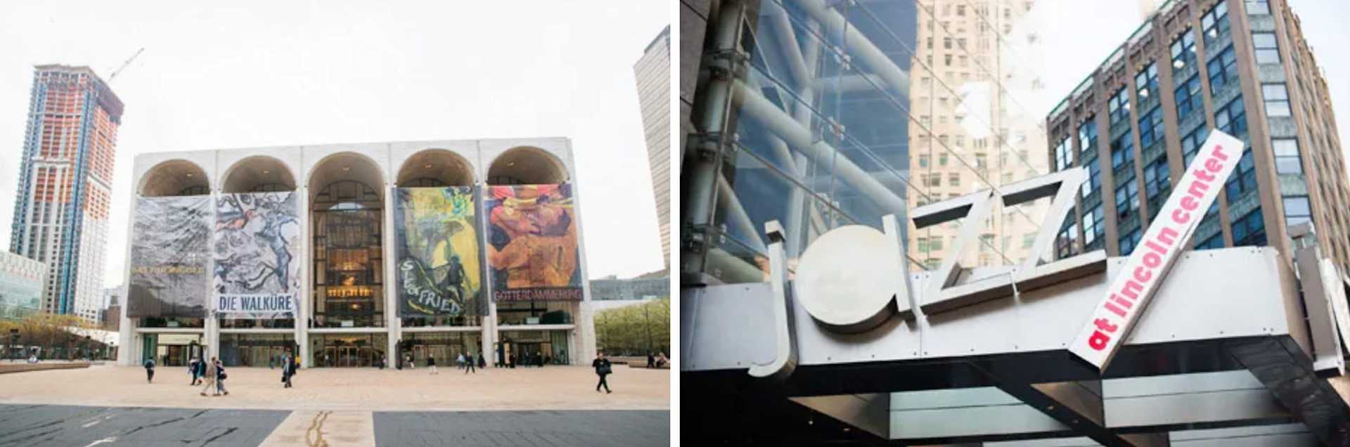 Lincoln Center’s Metropolitan Opera House with performance banners and the entrance sign.
