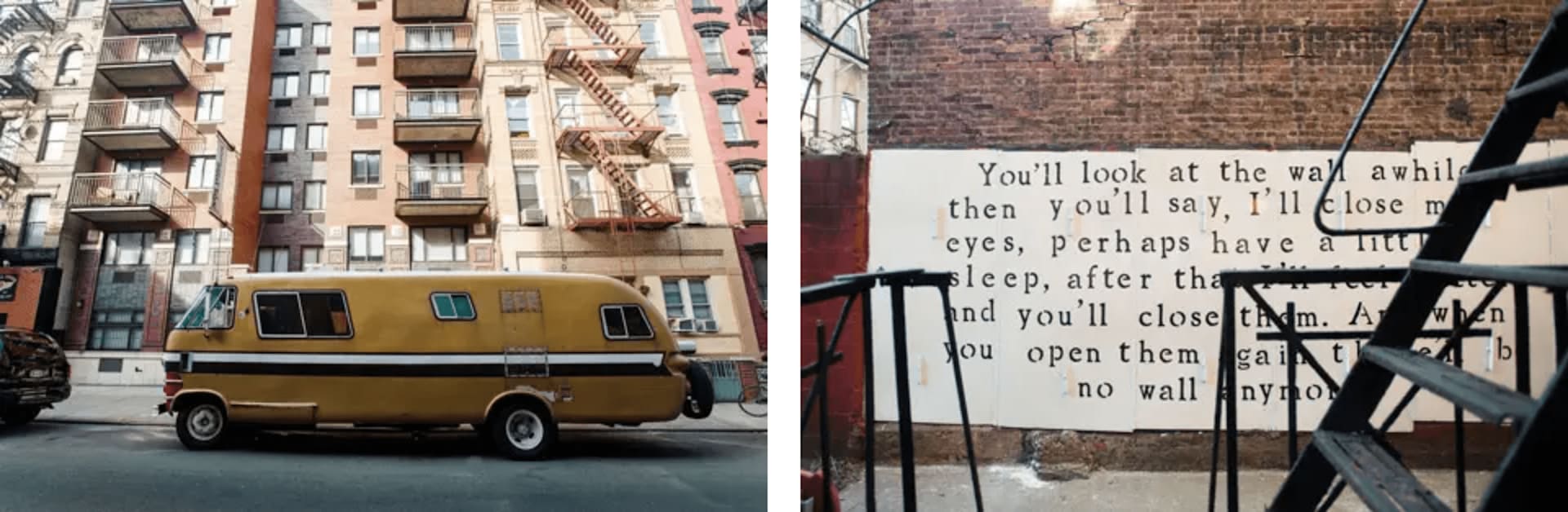 East Village streetscape with a mustard-yellow van and poem painted on a brick wall.