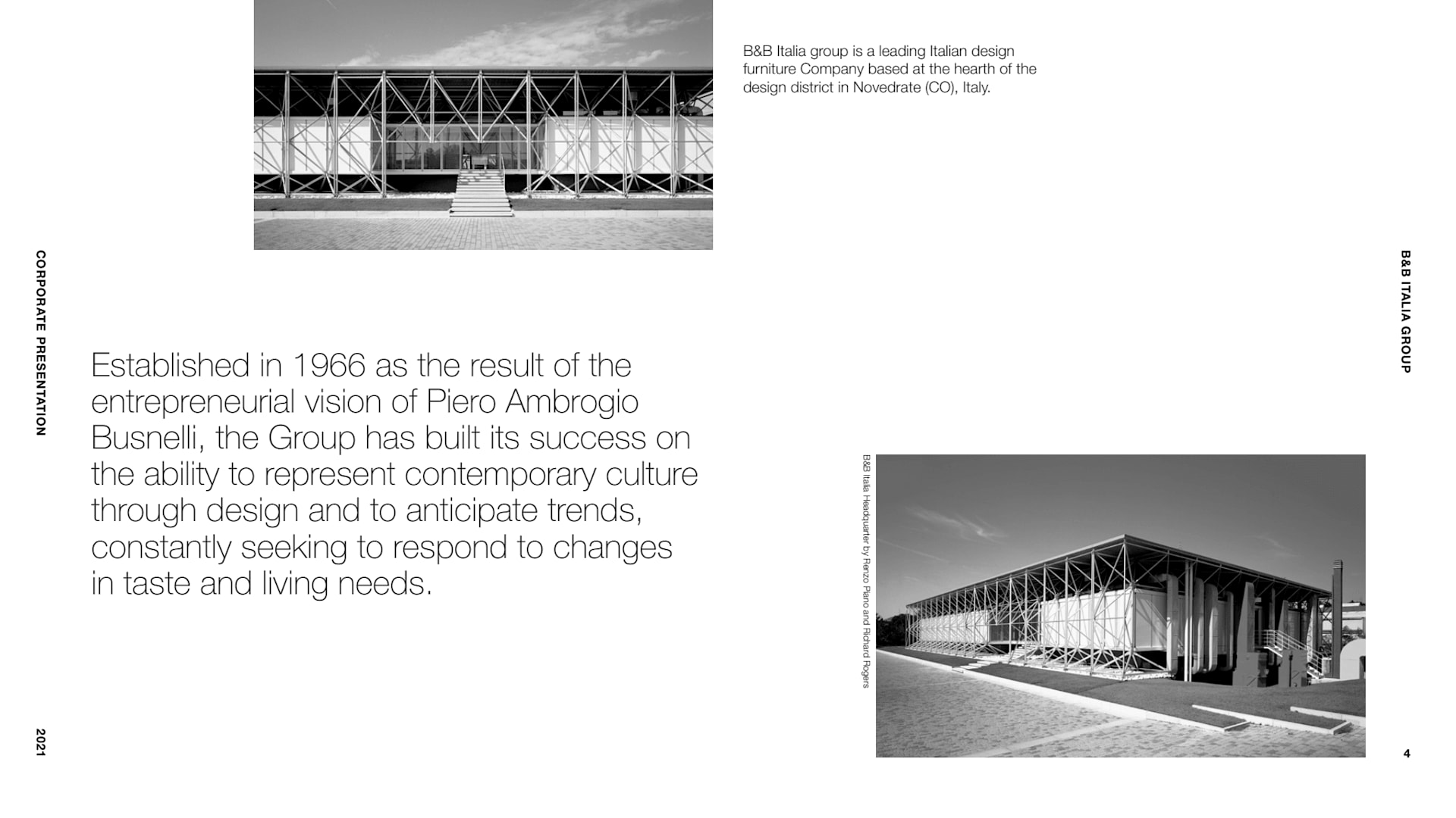 B&B Italia corporate presentation page with monochrome photographs of its headquarters and company history.