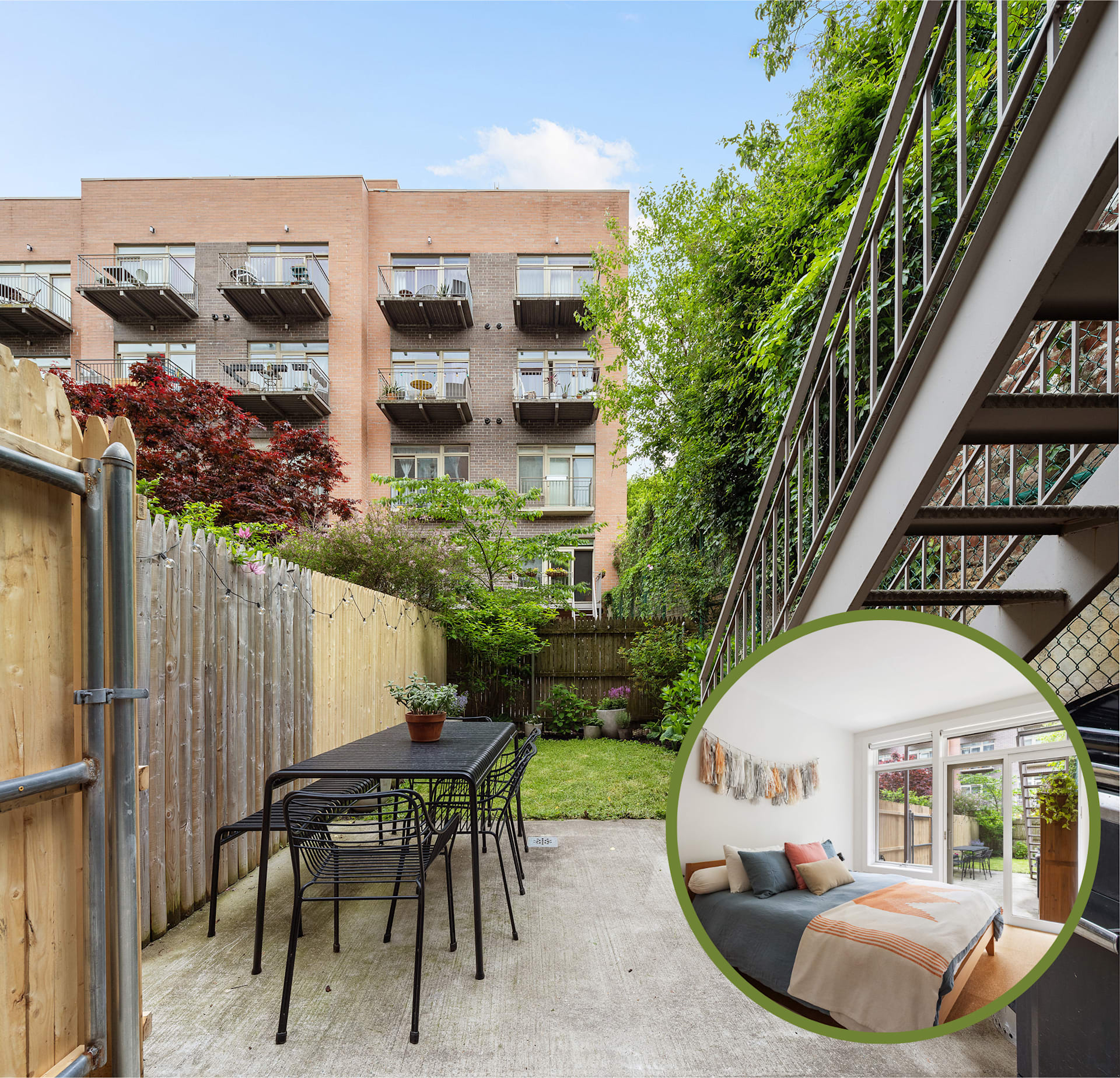 Private condo backyard with patio dining set and leafy garden; inset shows bedroom with glass doors to the yard.