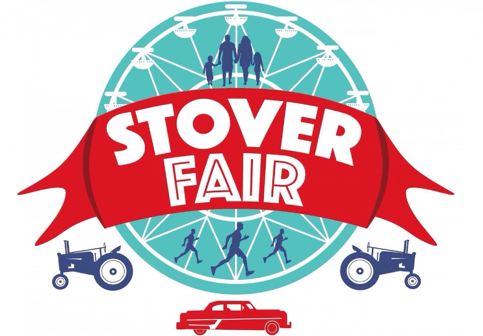 Stover Fair graphic with a Ferris wheel, people, tractors, and a vintage pickup truck.