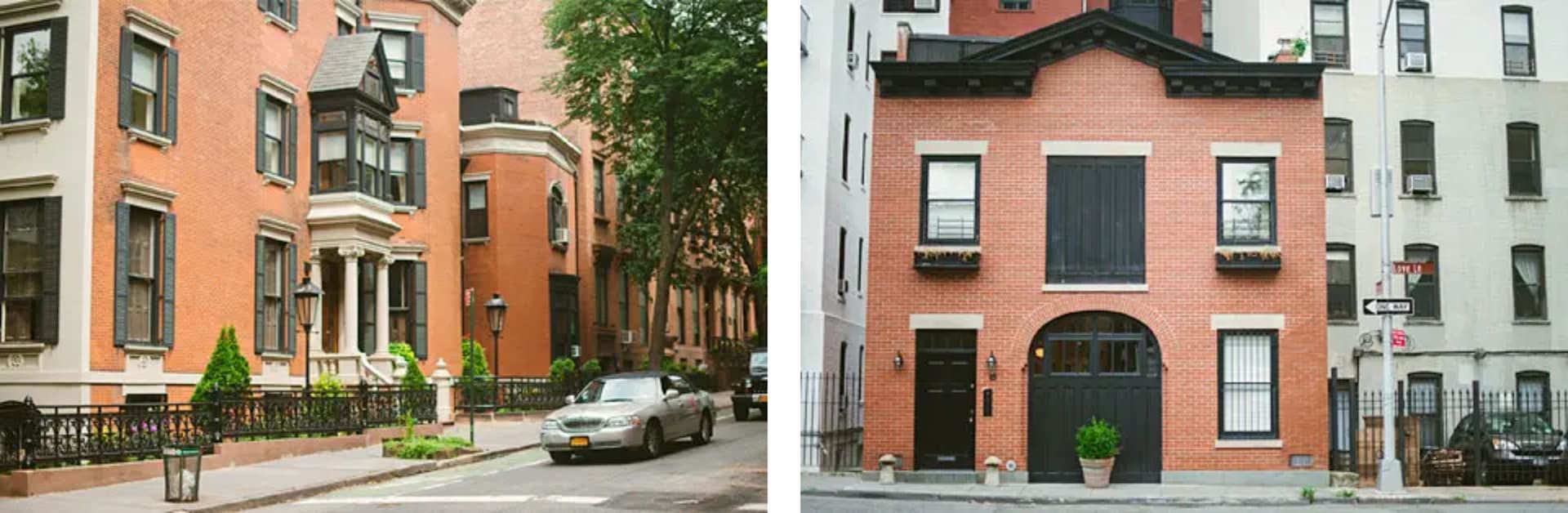 Brooklyn Heights brick row houses with stoops and a townhouse with a black arched doorway.