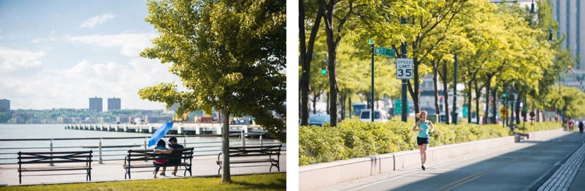 Waterfront benches and a runner on a leafy West 51st Street.