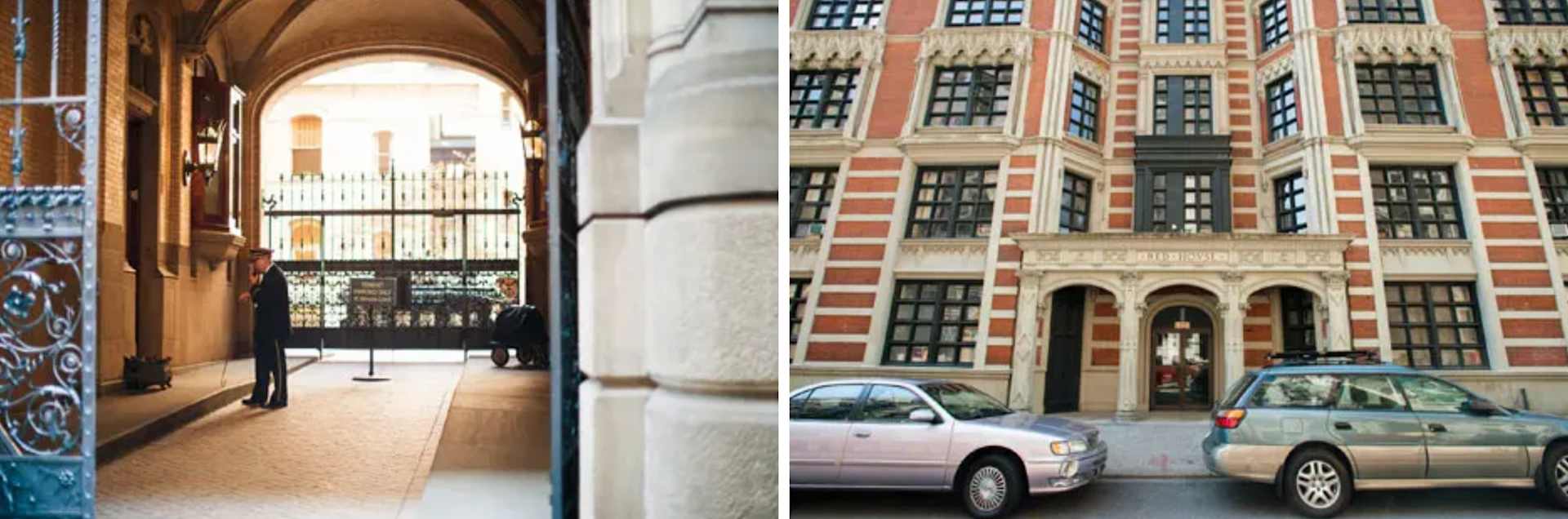 Ornate apartment building with a vaulted entry passage, doorman, and red-brick facade with stone trim.