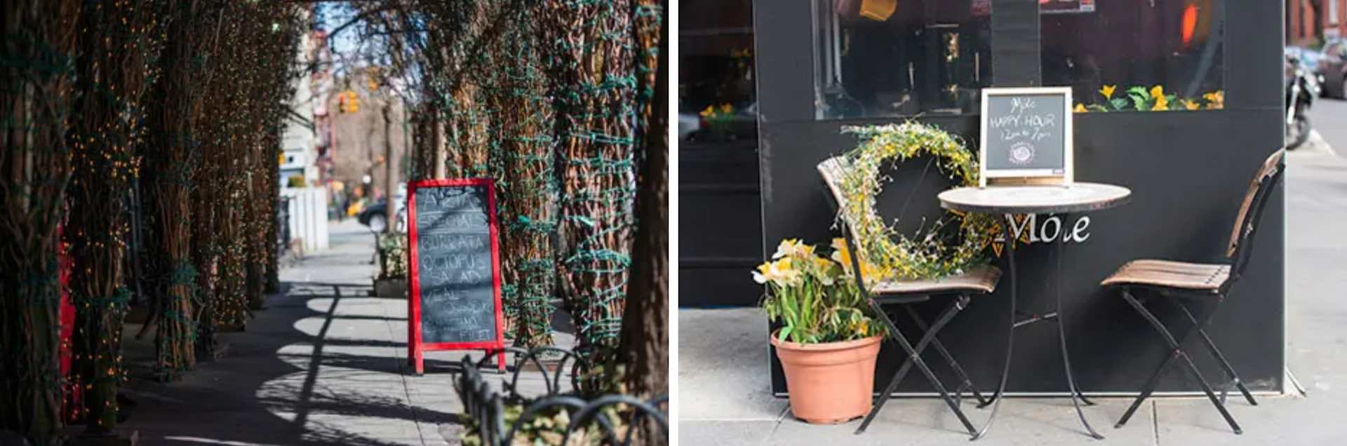 West Village sidewalk café with outdoor seating beside a vine-covered walkway.