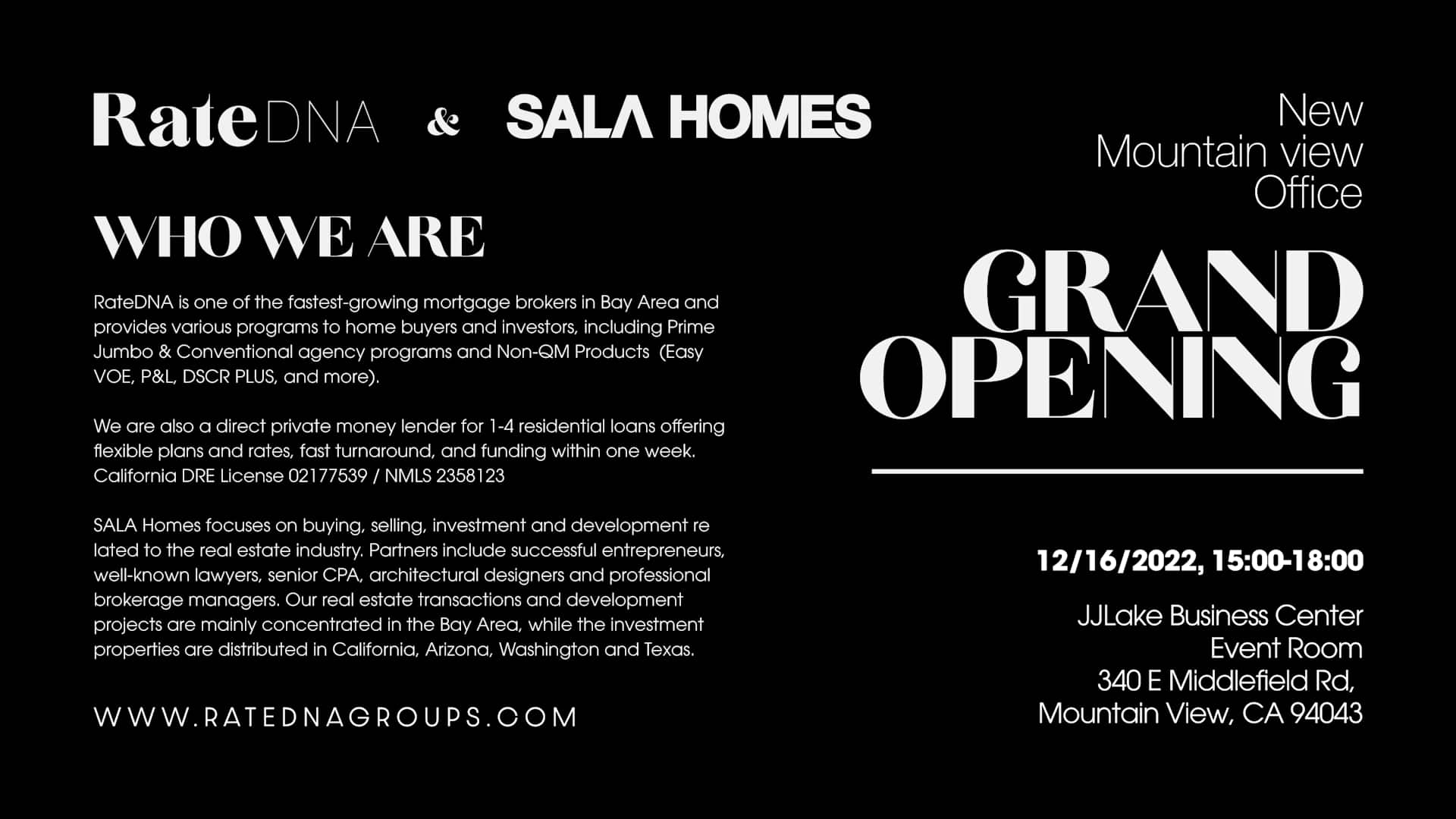 RateDNA and SALA Homes grand opening flyer for their new Mountain View office, with event date and address.