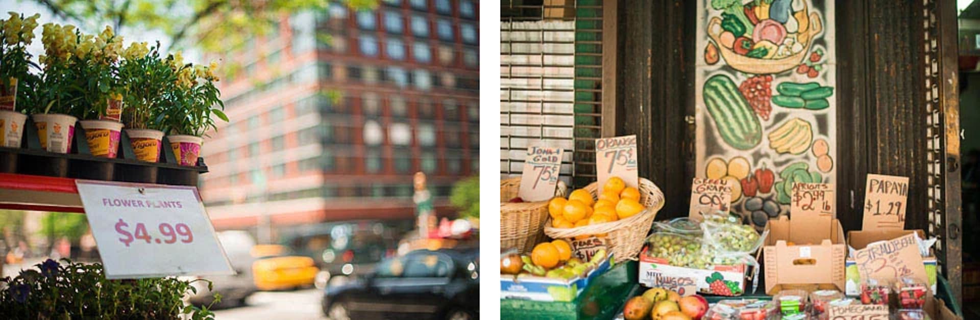 Neighborhood storefront displays potted flowers beside a sidewalk fruit and vegetable stand.